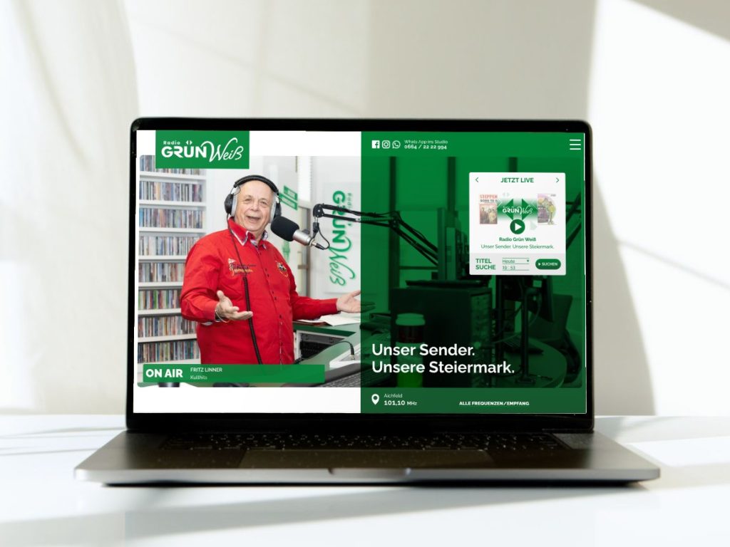 Die Website von Radio Grün Weiß auf einem Laptop