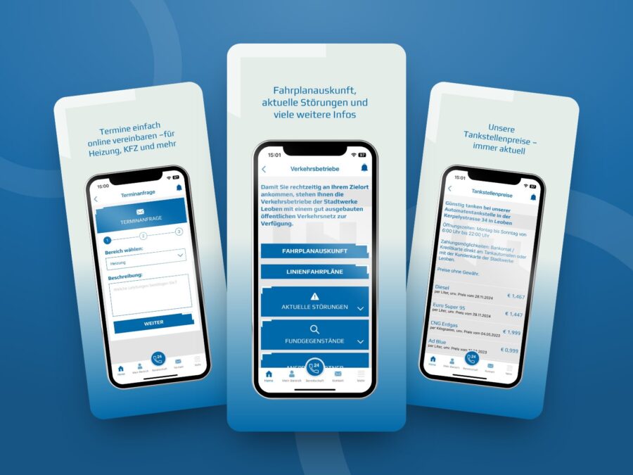 Screens der Stadtwerke Leoben App