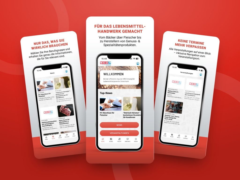 Screens der WKO Lebensmittelgewerbe App